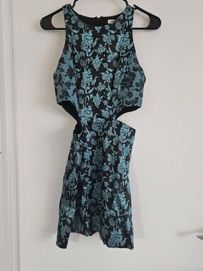 Anthropologie Black Mini Dress with Teal Floral Jacquard